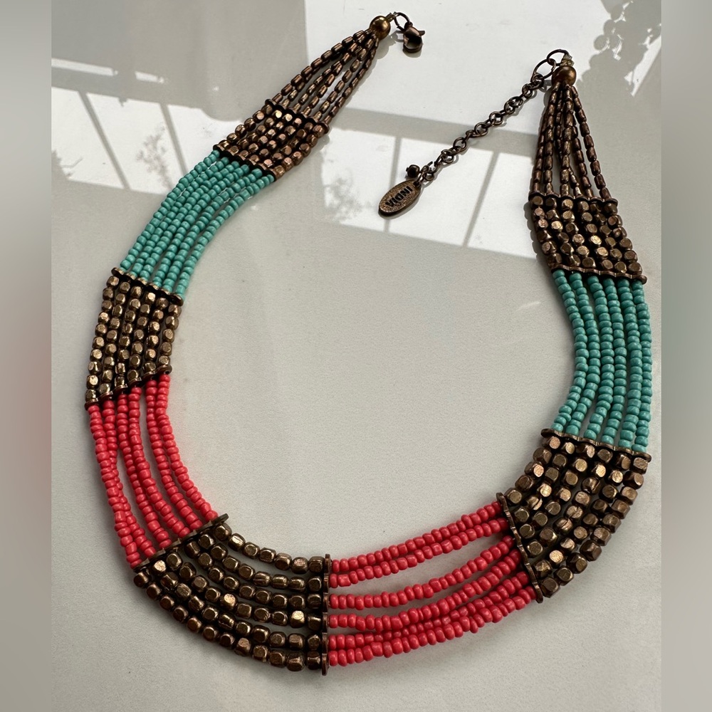 Stand Out Tanjore India Turquoise & Coral Colored Multi-Strand Bib Necklace - Picture 3 of 6